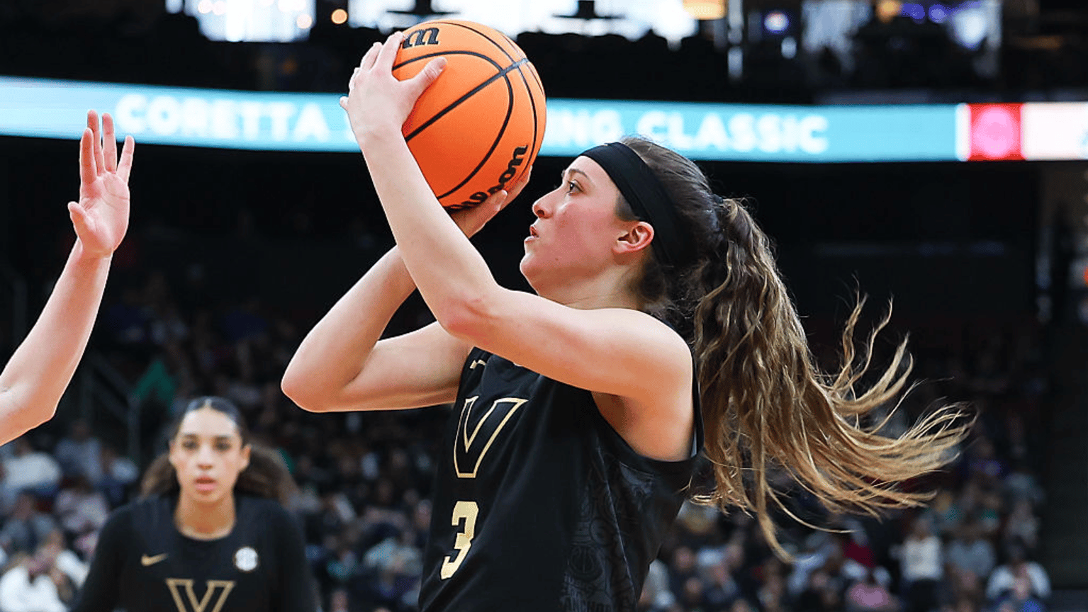 Aubrey Galvan #3 of the Vanderbilt Commodores shoots the ball during the Coretta Scott King Classic game against the Michigan Wolverines on January 19, 2026 at Prudential Center in Newark, New Jersey.