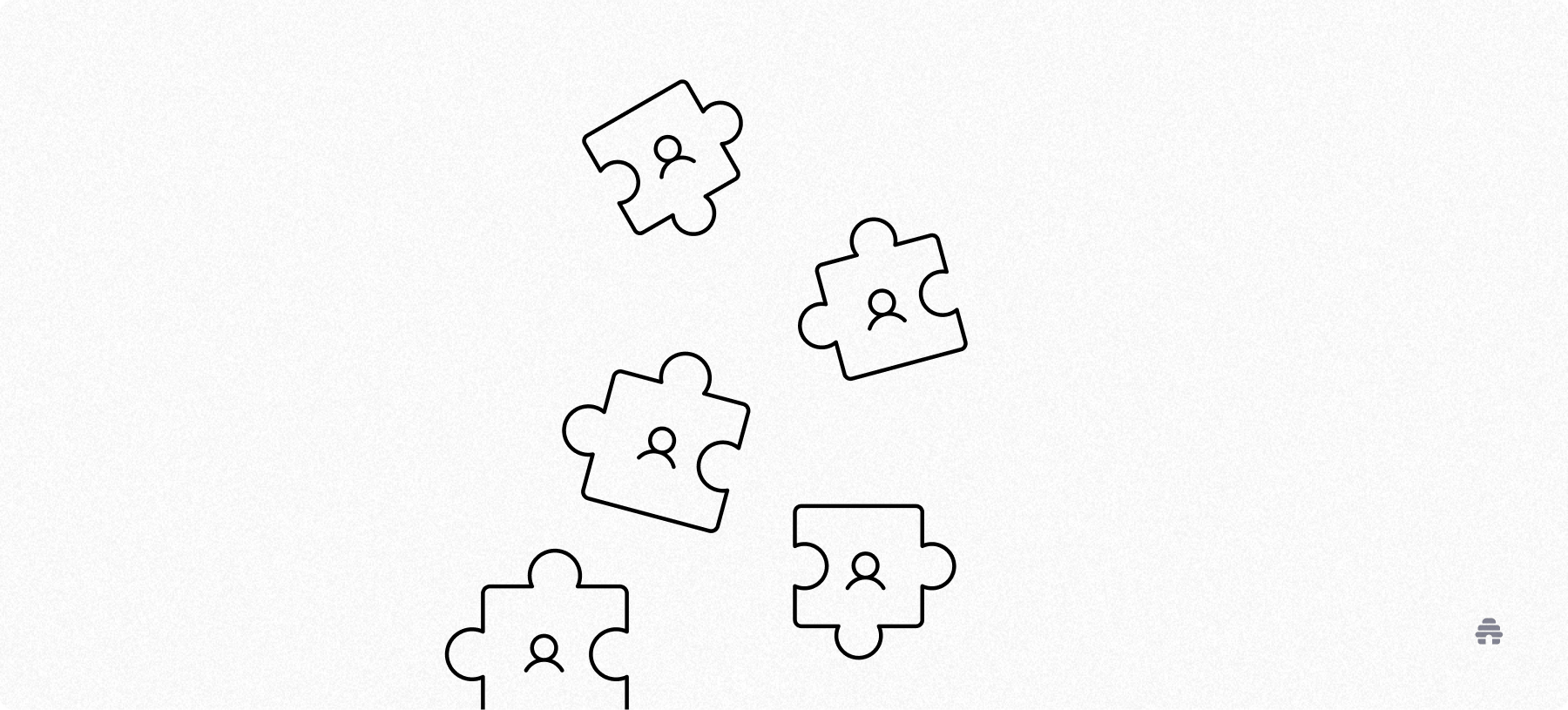 Puzzle pieces with user icons scattered across a blank background, symbolizing audience segmentation and how creators or beehiiv publishers group subscribers into targeted segments.