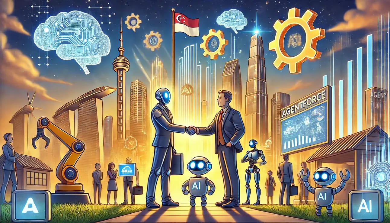 A robot diplomat and human leader shake hands as tiny agent-bots and coworkers build digital systems in a sunrise tech plaza.