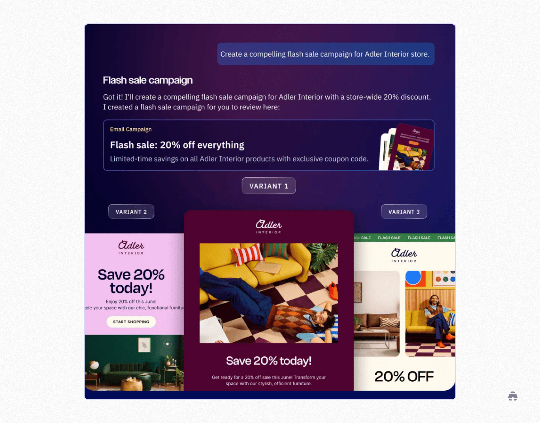 A beehiiv interface displays an AI-generated flash sale campaign for Adler Interior, offering three email design variants promoting 20% off products. The screen highlights the generated campaign details and preview layouts to help creators choose a promotional email style.