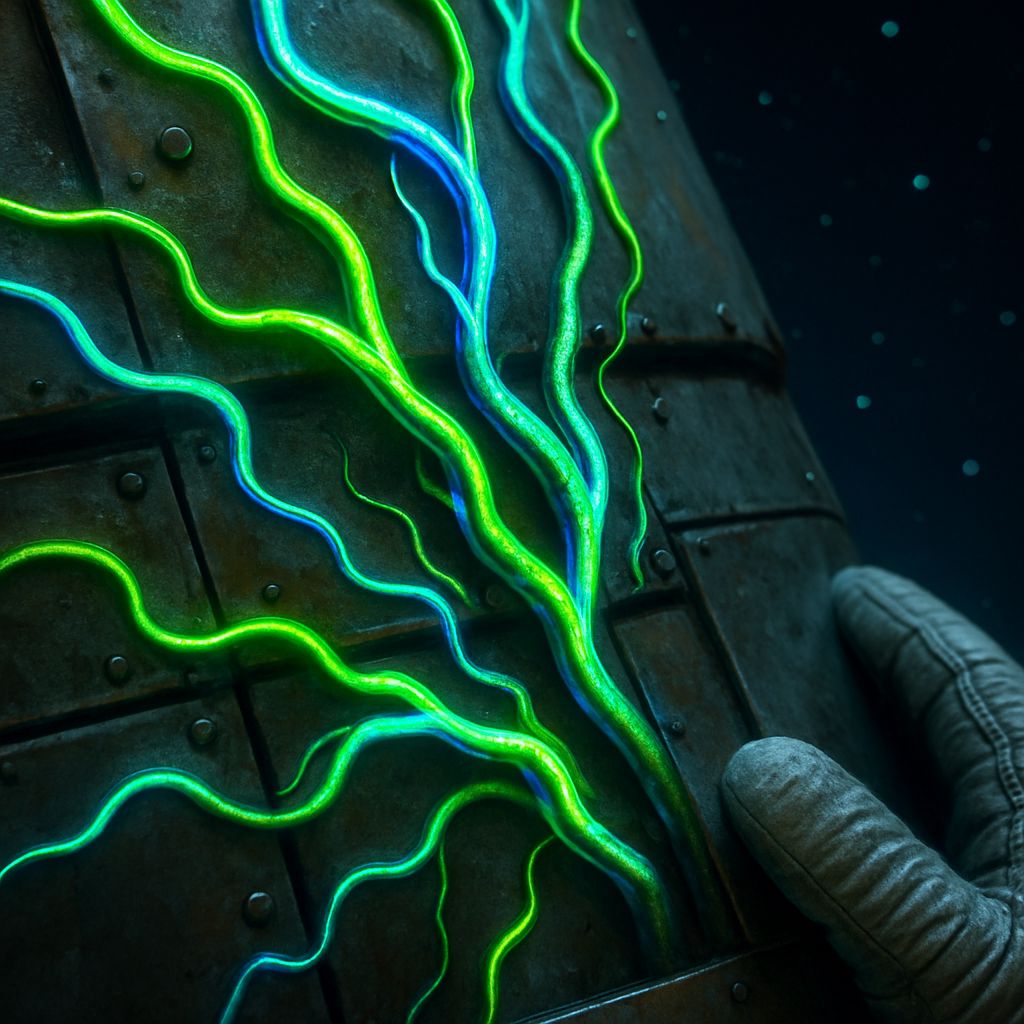 Extreme close-up of glowing bioluminescent vines growing through metallic seams, with astronaut’s fingers barely visible.