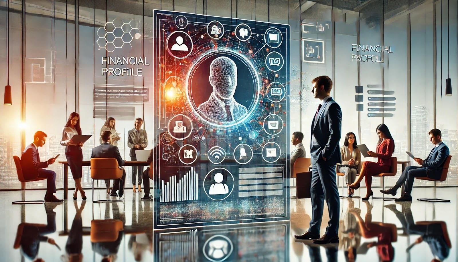 A diverse group in an office discussing AI-powered credit scoring, with a digital screen showing data points and social media icons for non-traditional financial profiles.