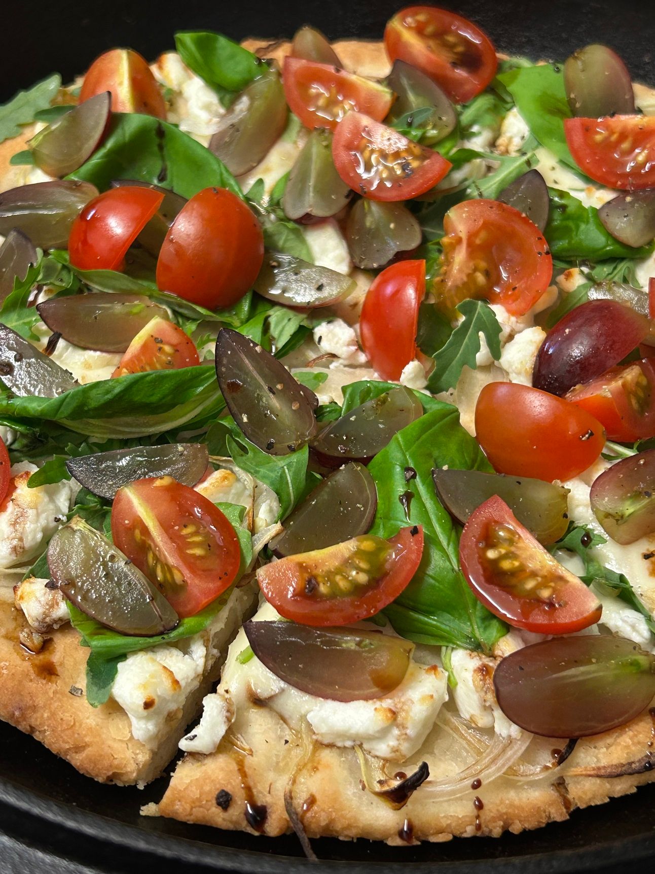 Easy GF Pizza with Goat Cheese, Grapes, and Fresh Arugula