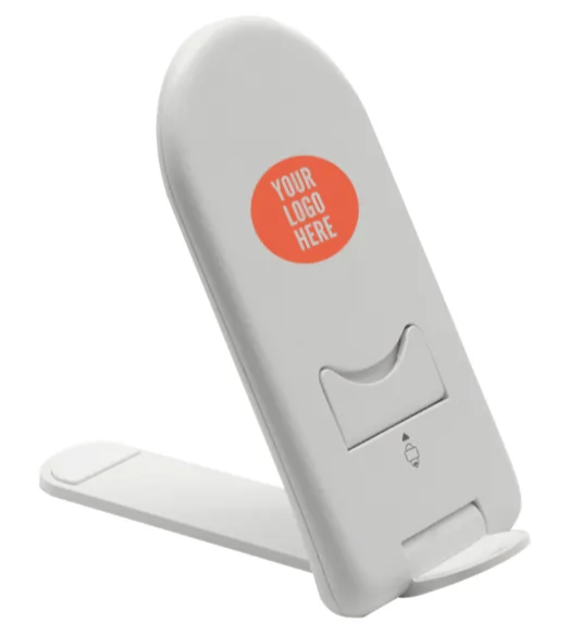 White wireless charging stand with customizable imprint area, a sleek tech gift option for client and employee holiday packages.