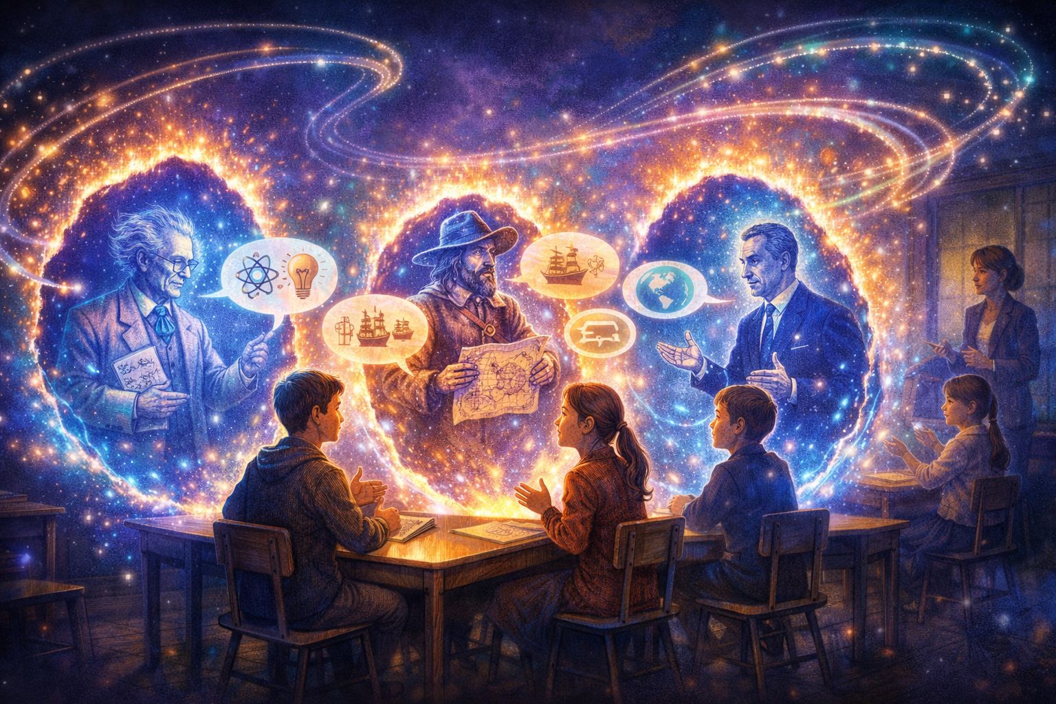 Students interact with AI-generated historical figures through glowing classroom portals, exploring history in an immersive, futuristic learning setting.
