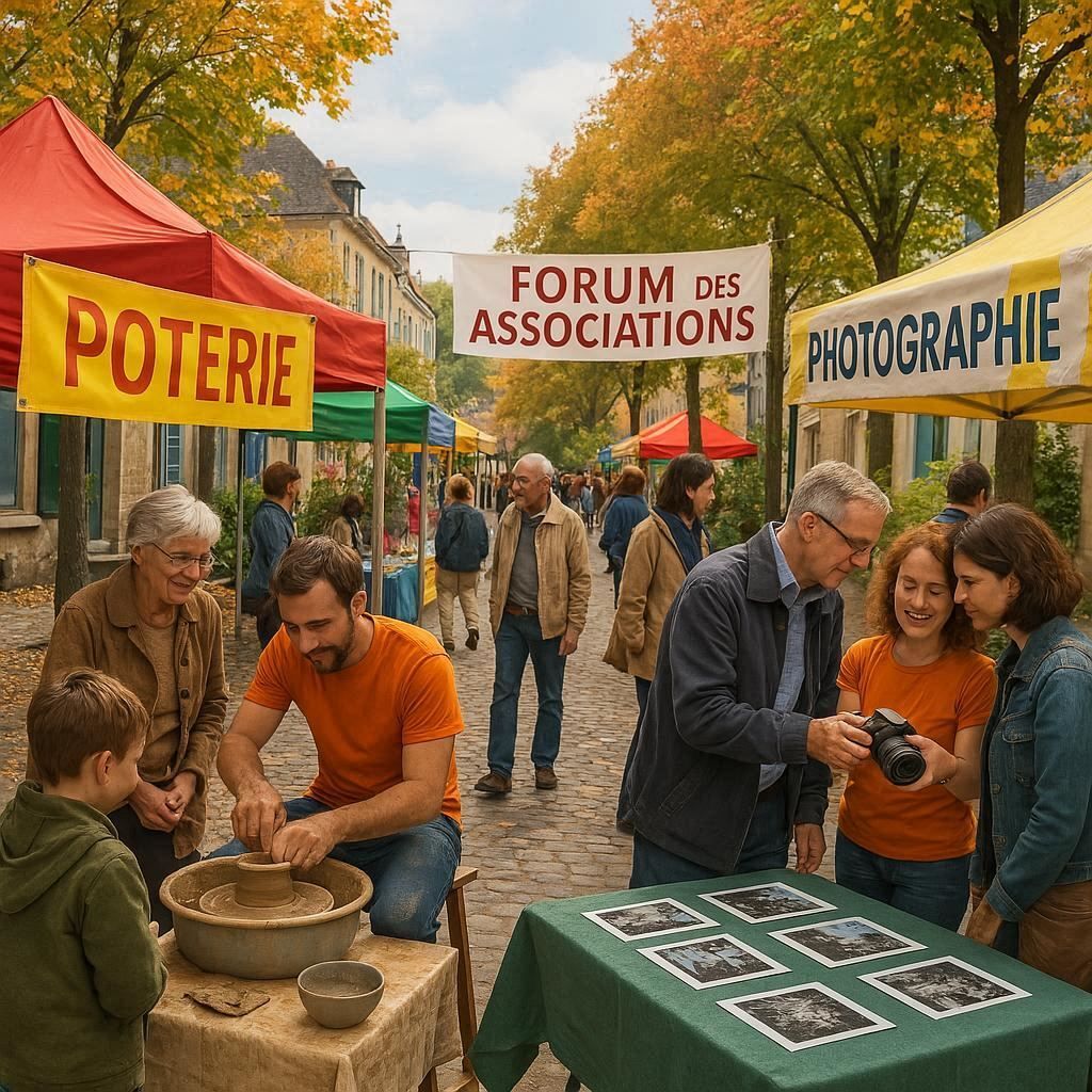 Colorful festival stands with volunteers in t-shirts demonstrating pottery and photography to visitors at an outdoor community association fair
