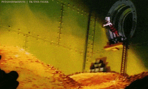 Gif of Scrooge McDuck diving into goldd and spitting it out of his mouth