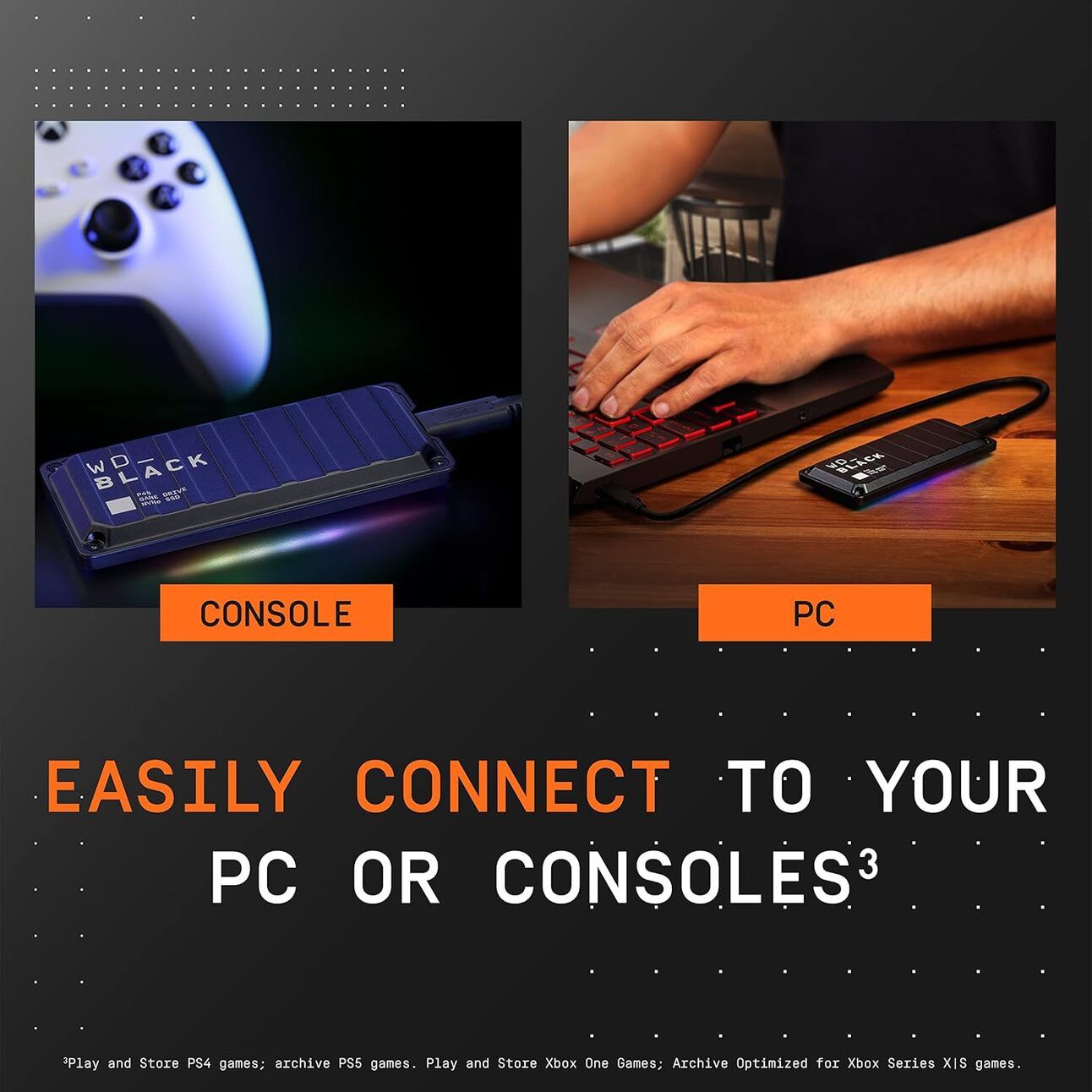 Console-Compatible External SSD Compact external SSD drive connected to a console setup, with a clean, minimalist design—built for quick load times and massive game file storage like GTA 6.