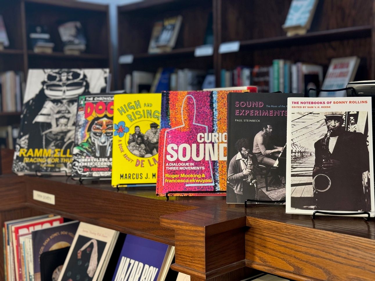 Display featuring music books described in caption.