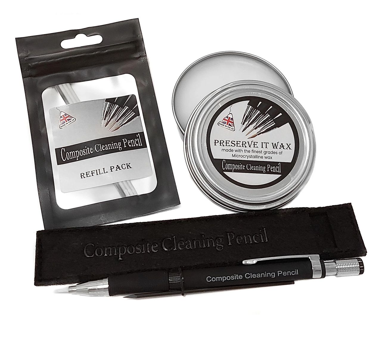 Picture of the Composite Cleaning Pencil trio pack featuring the pencil, refill and preserve it wax