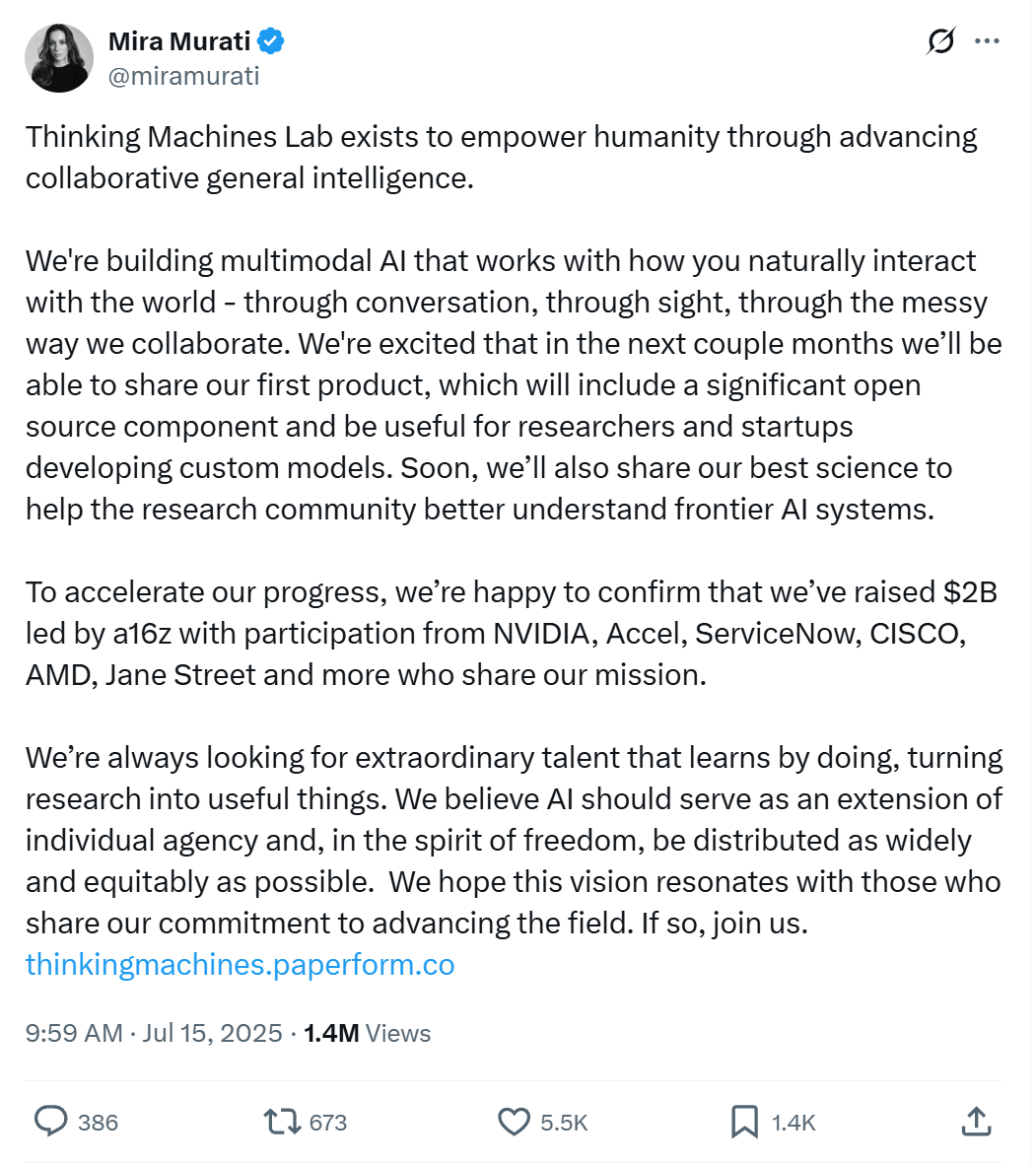 Mira Murati（@miramurati）的X帖子的屏幕截图日期为2025年7月15日，宣布她的AI初创公司Thinking Machines Lab已筹集了20亿美元的种子资金。该帖子解释说，该公司正在建立多式联运AI，专注于自然的人类互动 - 通过对话，视觉和协作。穆拉蒂（Murati）指出，第一个产品将在接下来的几个月中揭示，并将包括一个重要的开源组件，对研究人员和初创企业建立自定义模型有用。她补充说，该公司还将发布研究，以帮助社区了解Frontier AI系统。投资者包括Andreessen Horowitz（A16Z），Nvidia，Accel，ServiceNow，Cisco，AMD和Jane Street。该帖子以呼吁人才和公司招聘页面的链接结束（thinkmachines.papperform.co）。该帖子具有140万的视图，5.5k的喜欢和1.4k重新播放。
