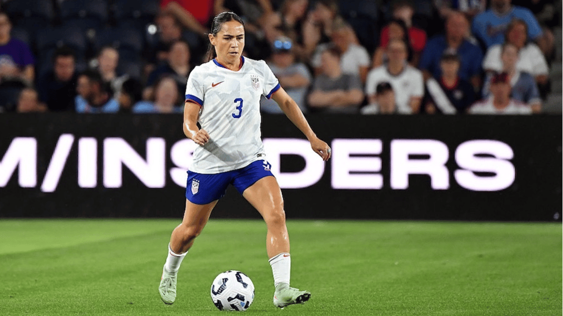 Lo'eau LaBonta #3 of the United States with the ball during the second half of a Woman's International Friendly between the United States and Jamaica