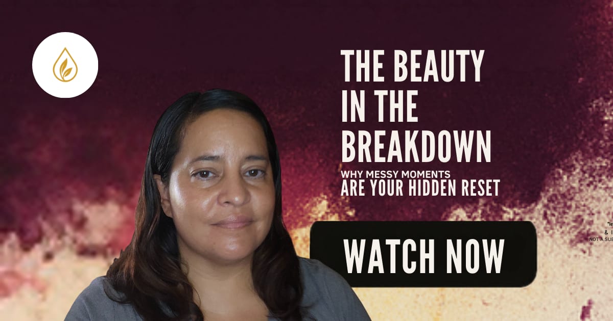 AJ’s EO Infusions Soulful Sunday video thumbnail featuring Jenice Story with text “The Beauty in the Breakdown: Why Messy Moments Are Your Hidden Reset” and a call-to-action button “Watch Now.”