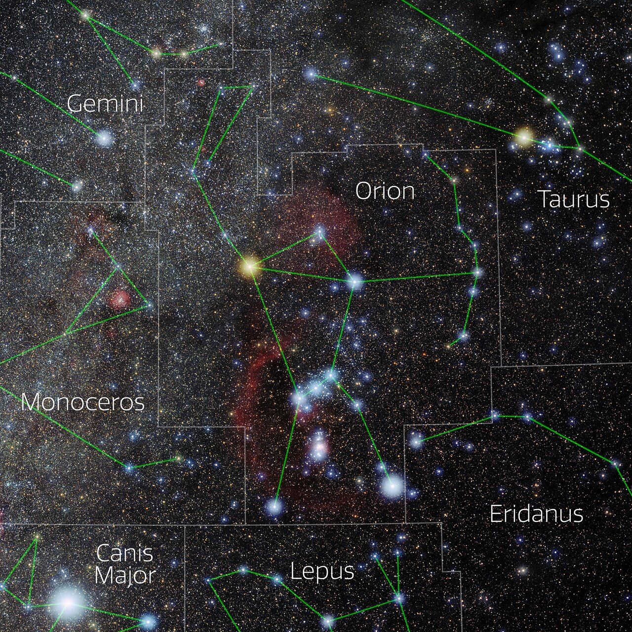 A photograph of the constellation Orion with annotations from IAU and Sky & Telescope. (Credit: E. Slawik/NOIRLab/NSF/AURA/M. Zamani)