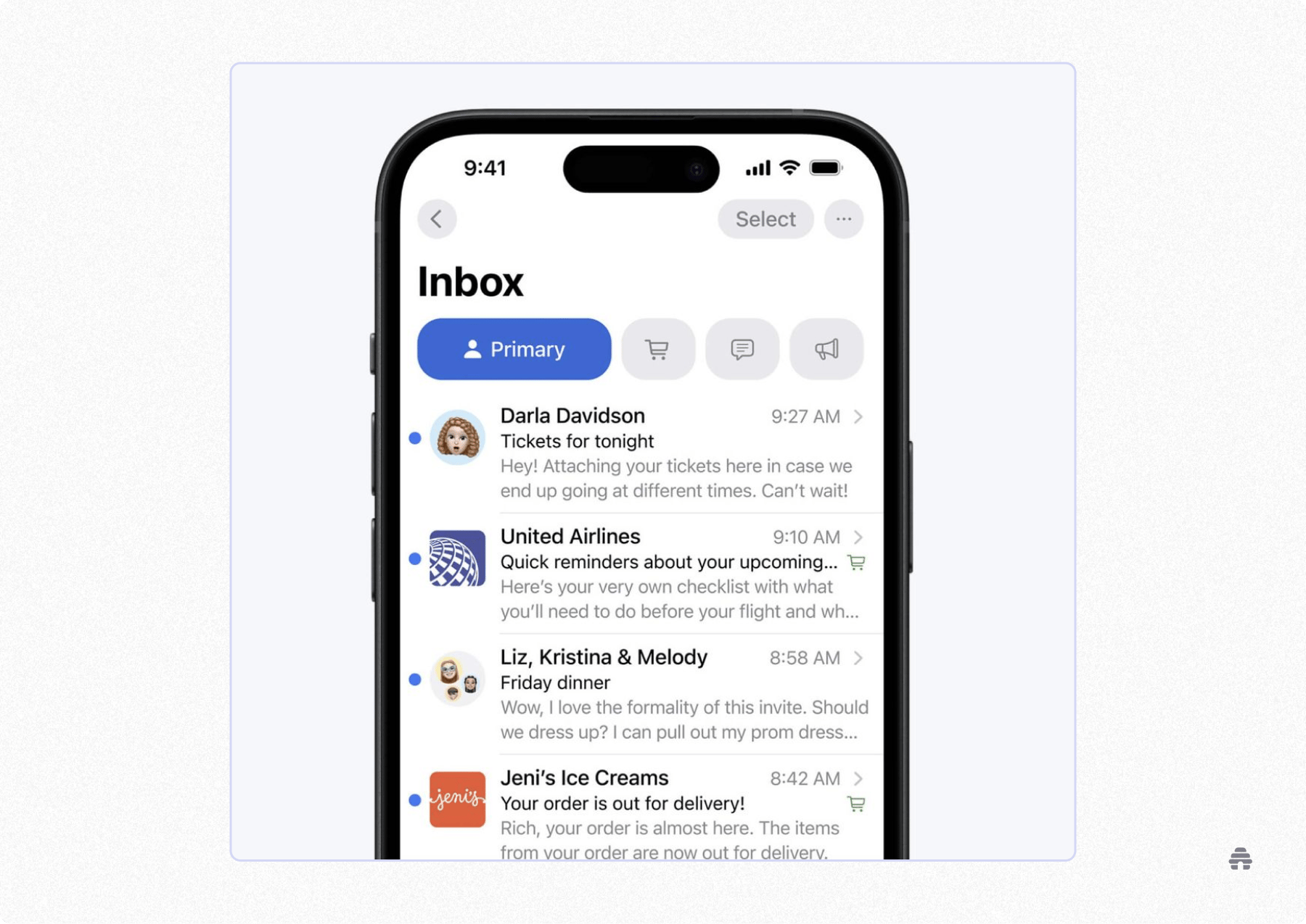Mobile email inbox showing the Primary tab with a mix of personal messages, brand notifications, and order updates. Used by beehiiv to illustrate how newsletters compete with everyday emails for attention in mobile inboxes.