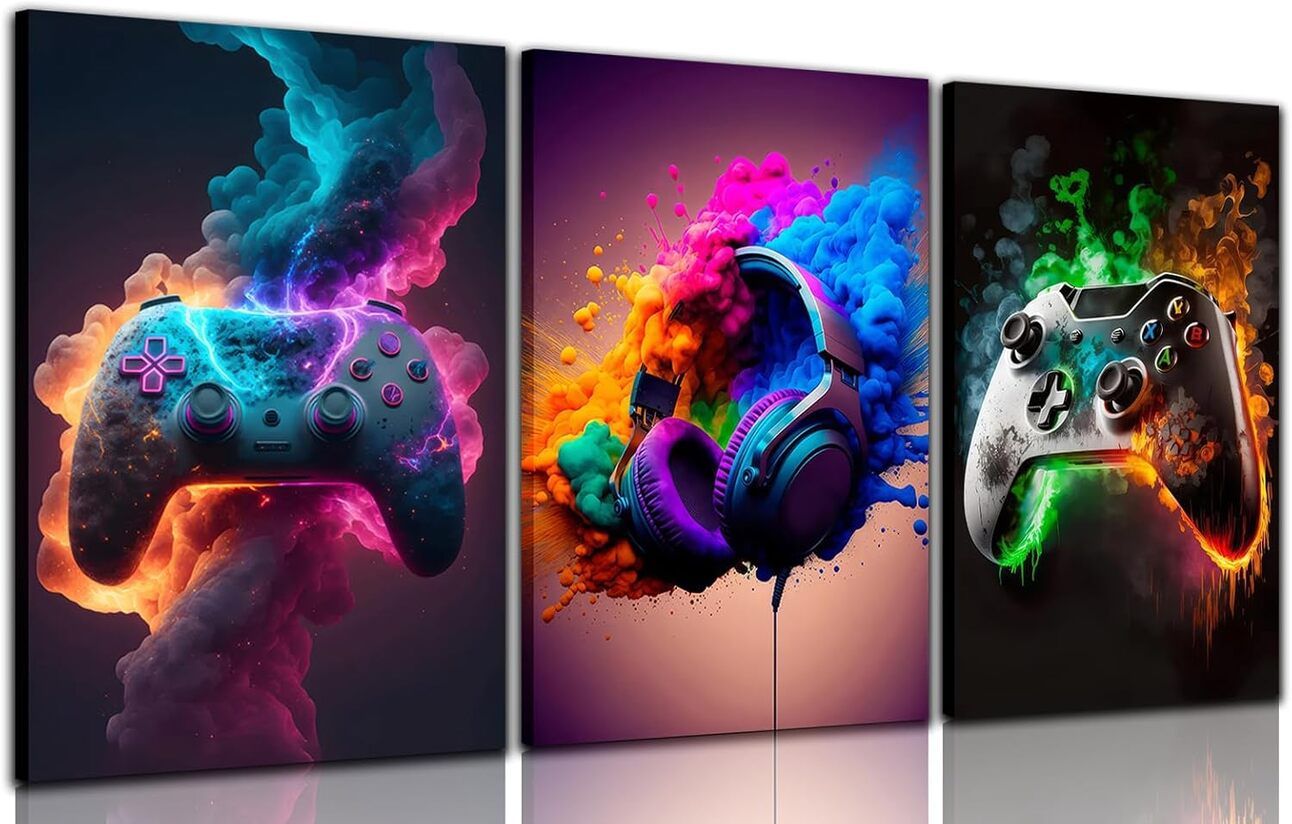 Gaming Room Canvas Set – Epic Wall Art for Gamers Alt text: Three-piece framed canvas set featuring bold video game-themed artwork, perfect for teen bedrooms, gaming rooms, or play areas, each measuring 12x16 inches.
