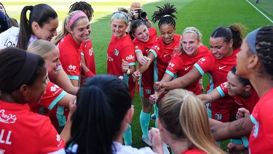 Players of Kansas City Current huddle prior to the NWSL match between Kansas City Current and Utah Royals at CPKC Stadium 