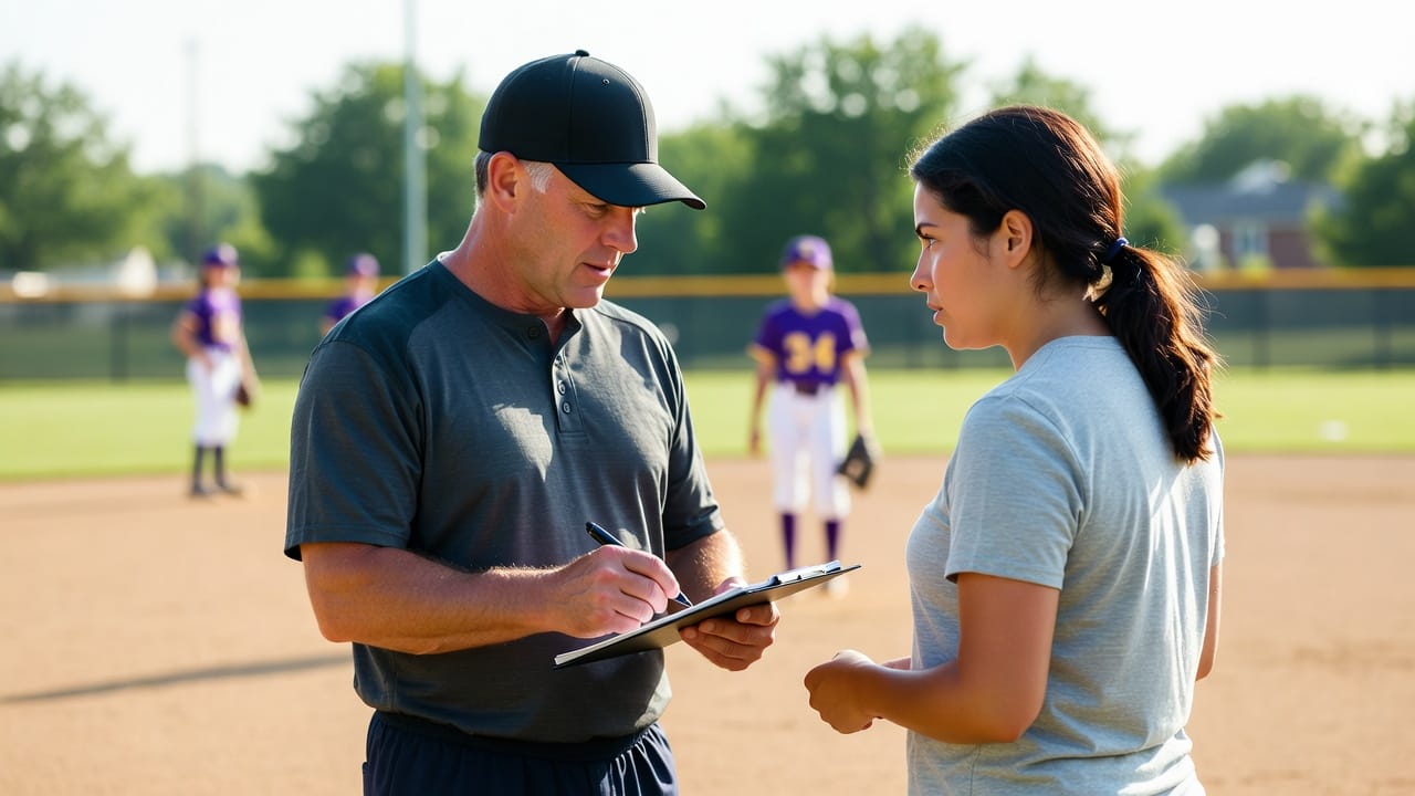 Softball coach and parent discussing player performance stats on a clipboard during a youth game