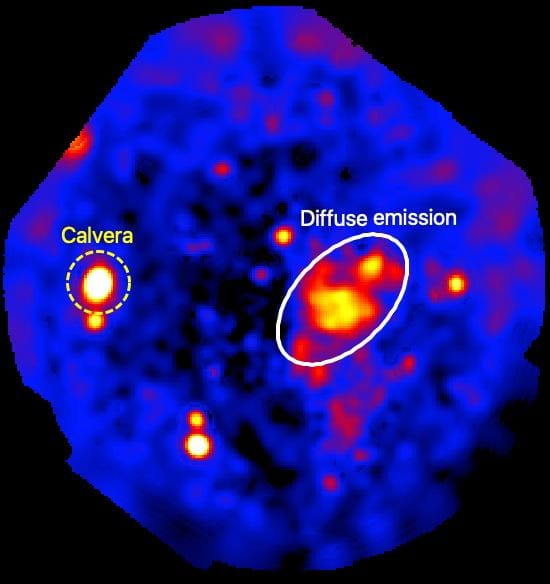 X-ray image showing the neutron star Calvera, marked by the yellow circle, and the surrounding region of diffuse emission under investigation, outlined by the white ellipse. The emitting material has an estimated temperature between 1 and 10 million degrees Celsius.