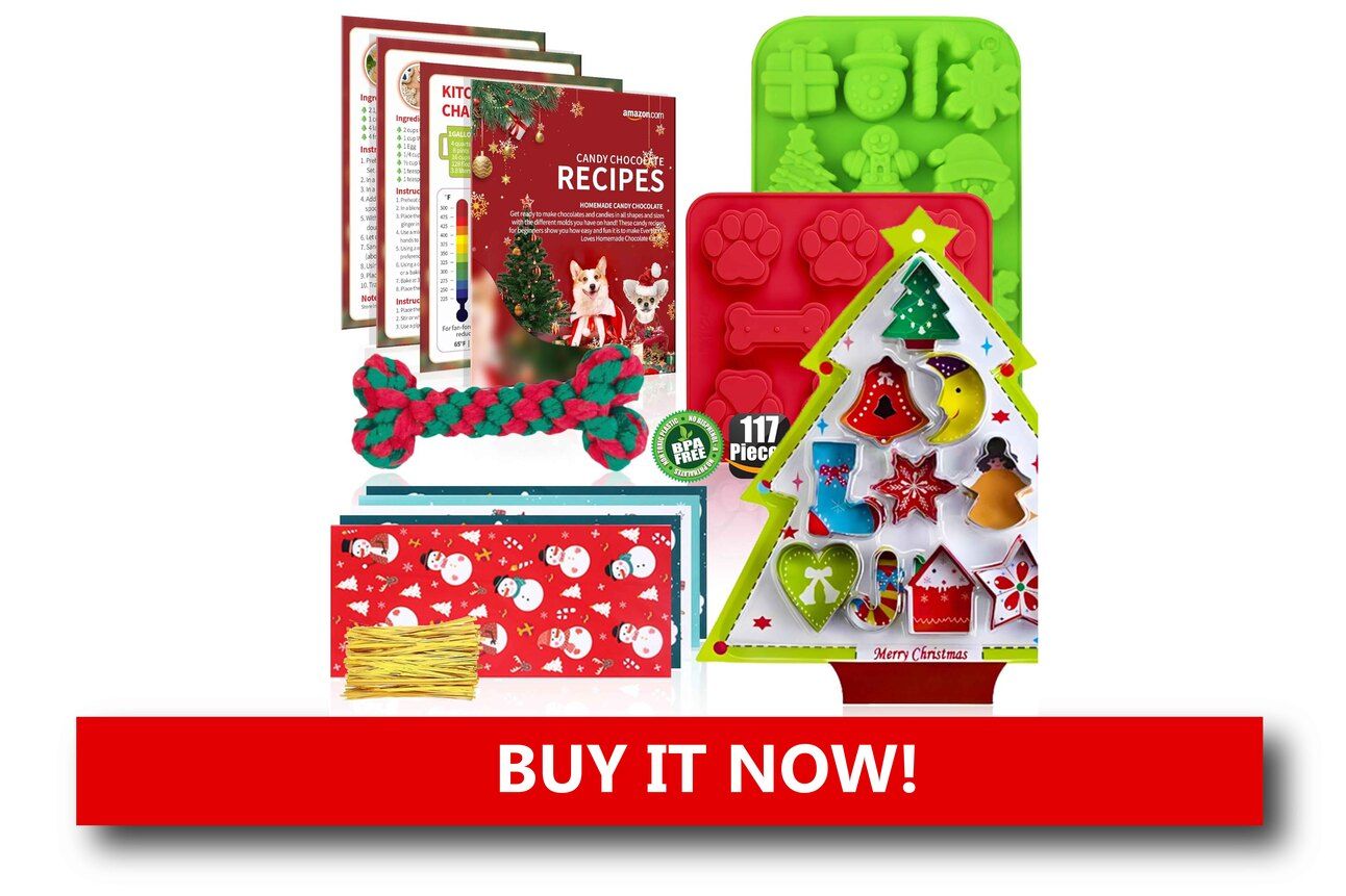 Holiday Baking Kits for Pets and People Alt text: A kitchen counter with baking trays filled with bone-shaped pet treats and human cookies, surrounded by festive cookie cutters and a cheerful dog looking on.