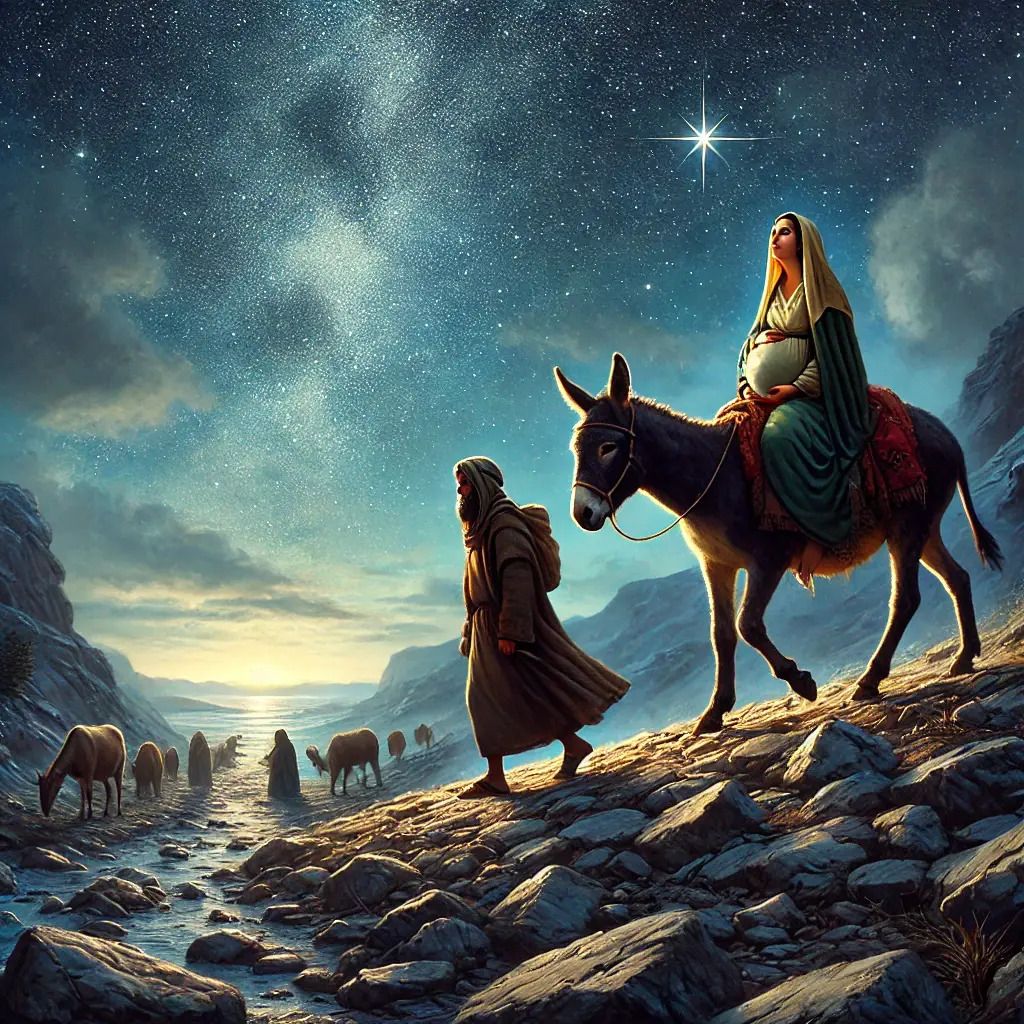Mary, visibly pregnant, traveling to Bethlehem on a donkey, accompanied by Joseph walking beside her, under a starry night sky with a distant city glowing faintly.