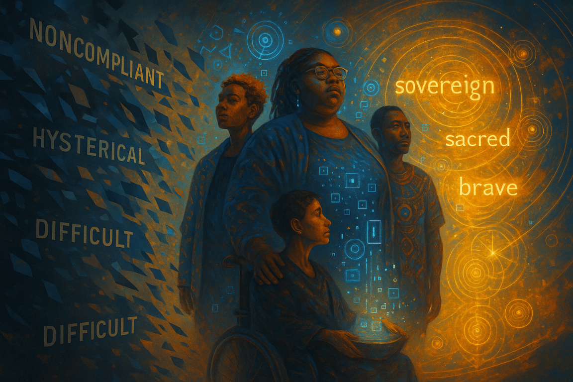 Old diagnostic labels dissolve, revealing people of diverse identities surrounded by affirming data points like ‘brave,’ ‘restorative,’ and ‘soulful
