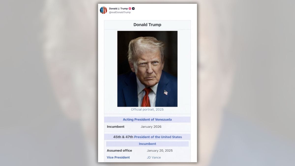 A screenshot of Trump's Truth Social post, which included a fake screenshot of a Wikipedia article declaring Trump "Acting President of Venezuela"