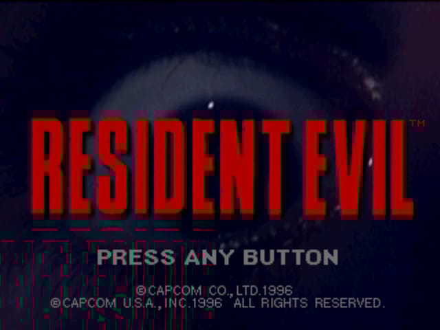 A screenshot of the title screen from the original Playstation release of Resident Evil, featuring the game's title in red against a darker background of a zoomed in eyeball.