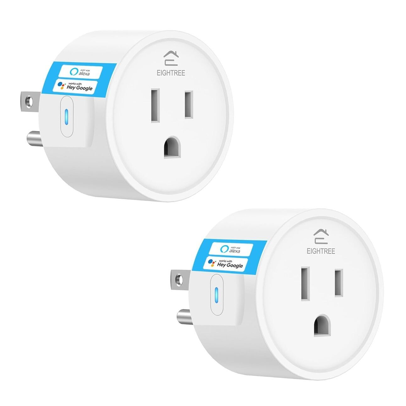 Smart Plugs (2-Pack) – Two compact white smart plugs displayed next to a smartphone, with icons showing voice control and remote app access. Shown plugged into a wall outlet with a lamp connected.