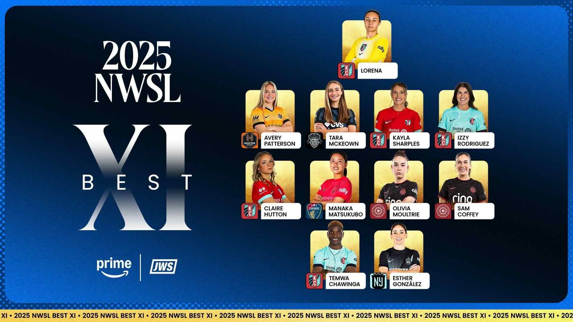 Graphic displaying the 2025 NWSL Best XI presented by Amazon Prime.