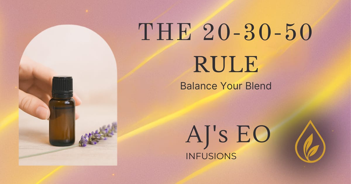 A hand holding a small amber essential oil bottle beside lavender sprigs with warm gold light, representing AJ’s EO Infusions’ 20-30-50 Rule for balanced aromatherapy blends.