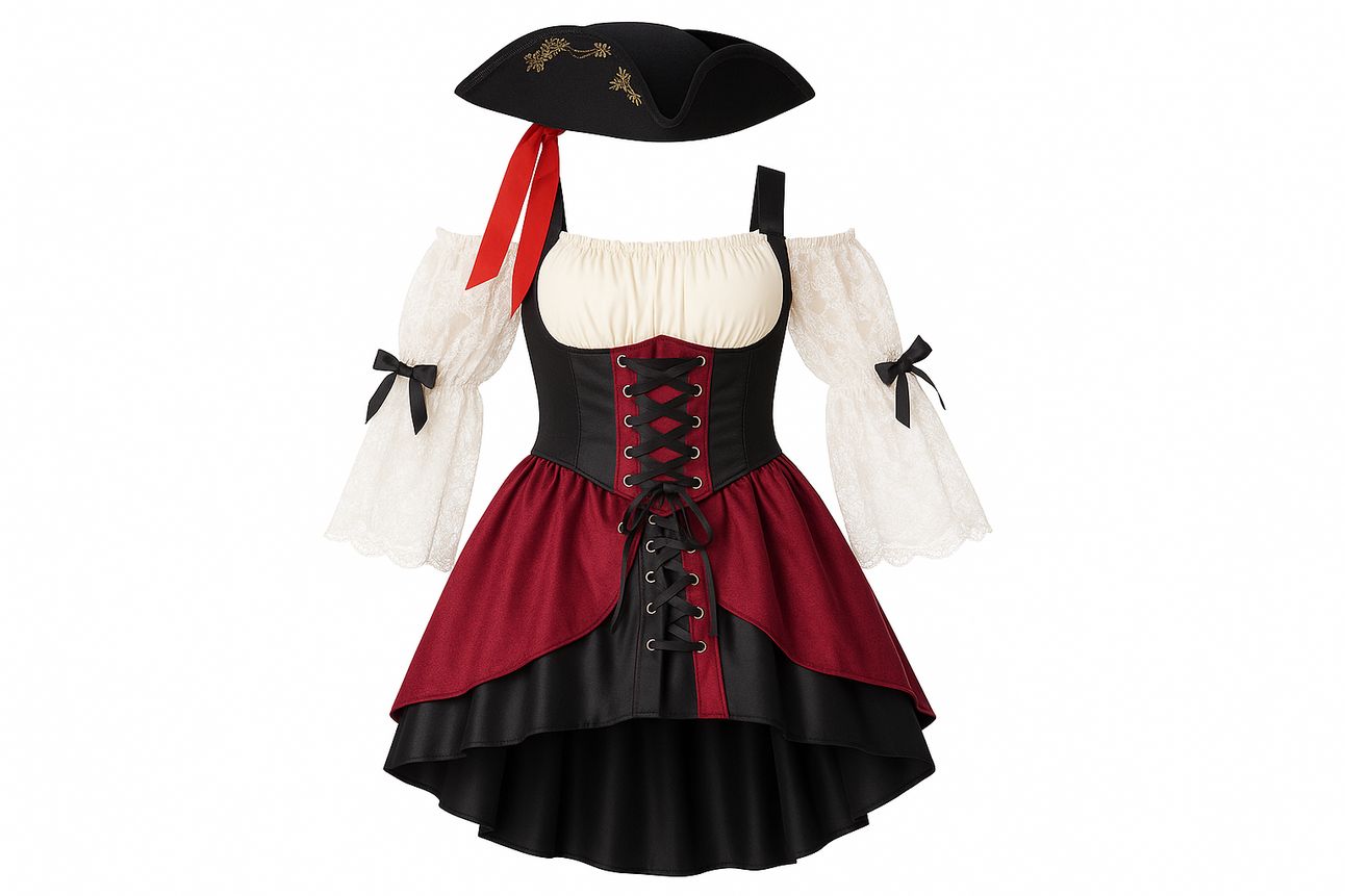 A pirate-inspired costume displayed on a white background, featuring a black tricorn hat with gold embroidery and a red ribbon, a cream off-the-shoulder lace blouse with black bows, a black and burgundy corset-style bodice with lace-up detailing, and a layered high-low skirt with a burgundy top layer over black satin fabric.