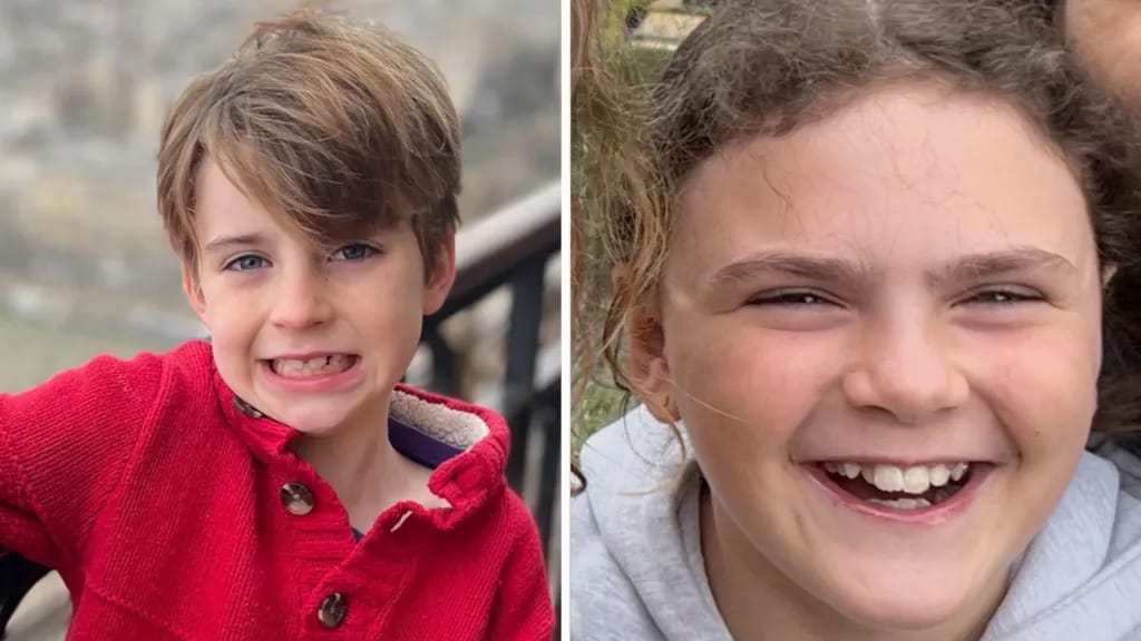 Side-by-side photos of two children smiling. On the left, a young boy with light brown hair wearing a red sweater. On the right, a girl with curly light brown hair wearing a gray hoodie, laughing brightly.