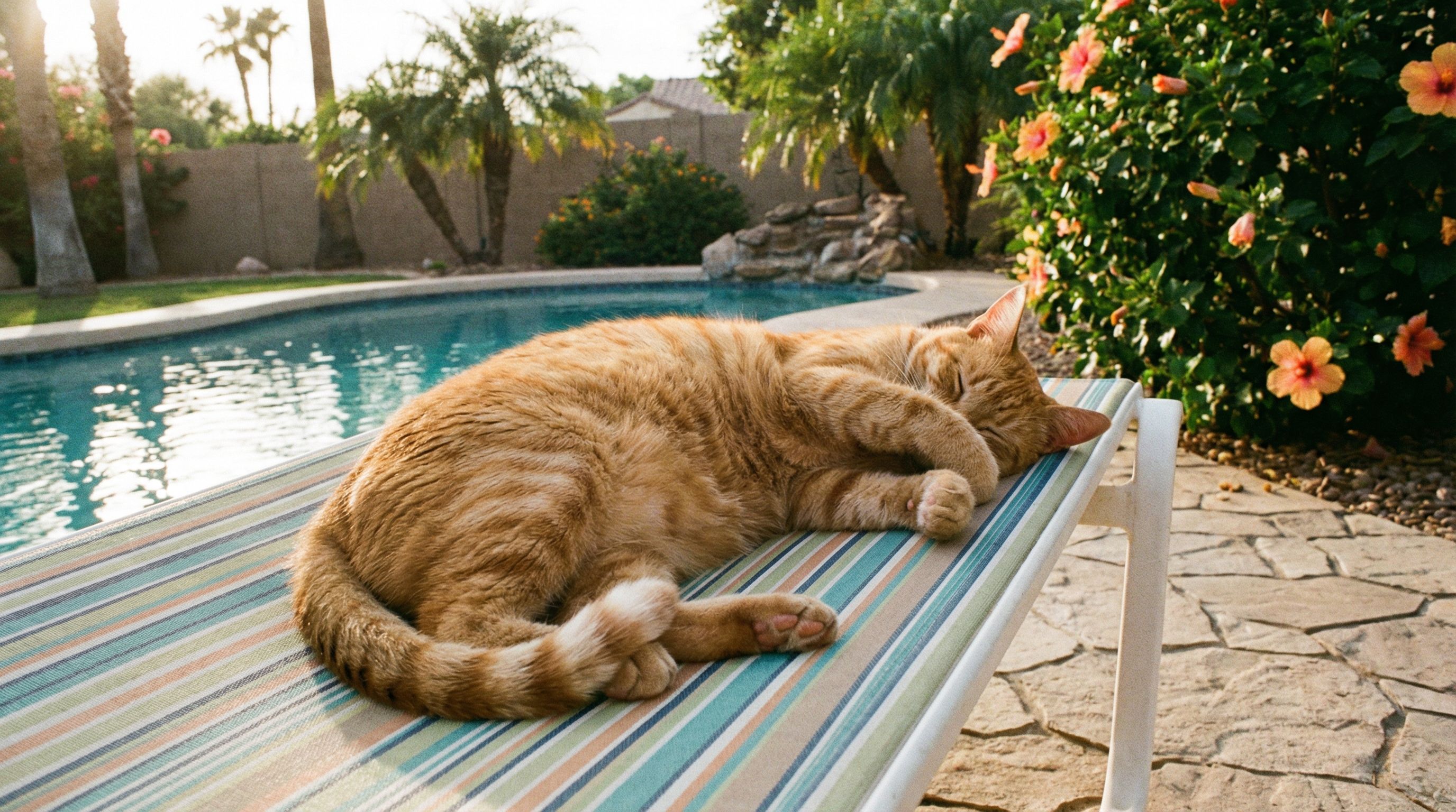 orange cat laying on pool chair
