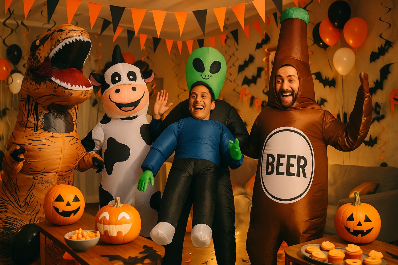 A group of adults in inflatable Halloween costumes—including a T-Rex, cow, alien abduction, and beer bottle—pose and laugh together at a lively indoor house party decorated with black and orange balloons, paper streamers, jack-o’-lanterns, and festive snacks on nearby tables.