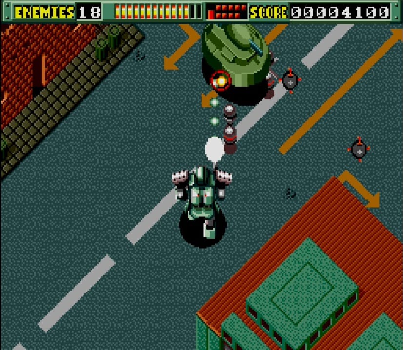 A screenshot from the first stage, showing your mech firing a basic shot at a tank that is not pointed in your direction, and therefore won't be able to successfully attack you.