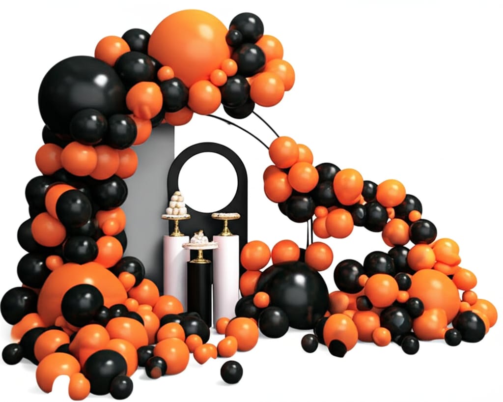 Modern party setup featuring a black and orange balloon arch on the left with scattered balloons, and two cylindrical pedestals on the right – one white and one black – displaying desserts. The background is solid white, and the image has a clean, professional aesthetic in a 16:9 aspect ratio