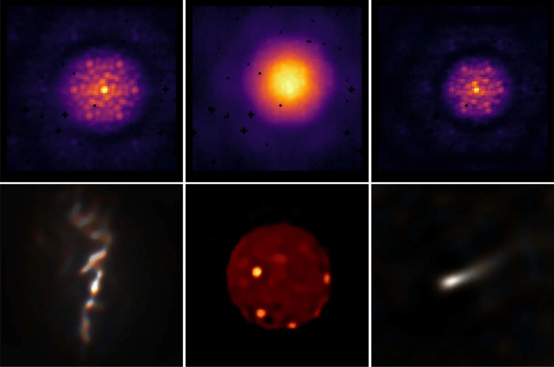 Image enhancement of JWST data: the top row displays unprocessed images of galaxy NGC 1068, Jupiter’s moon Io, and the Wolf-Rayet star WR 137. The bottom row presents the same targets after deblurring, using a processing pipeline developed by Louis Desdoigts and Max Charles.