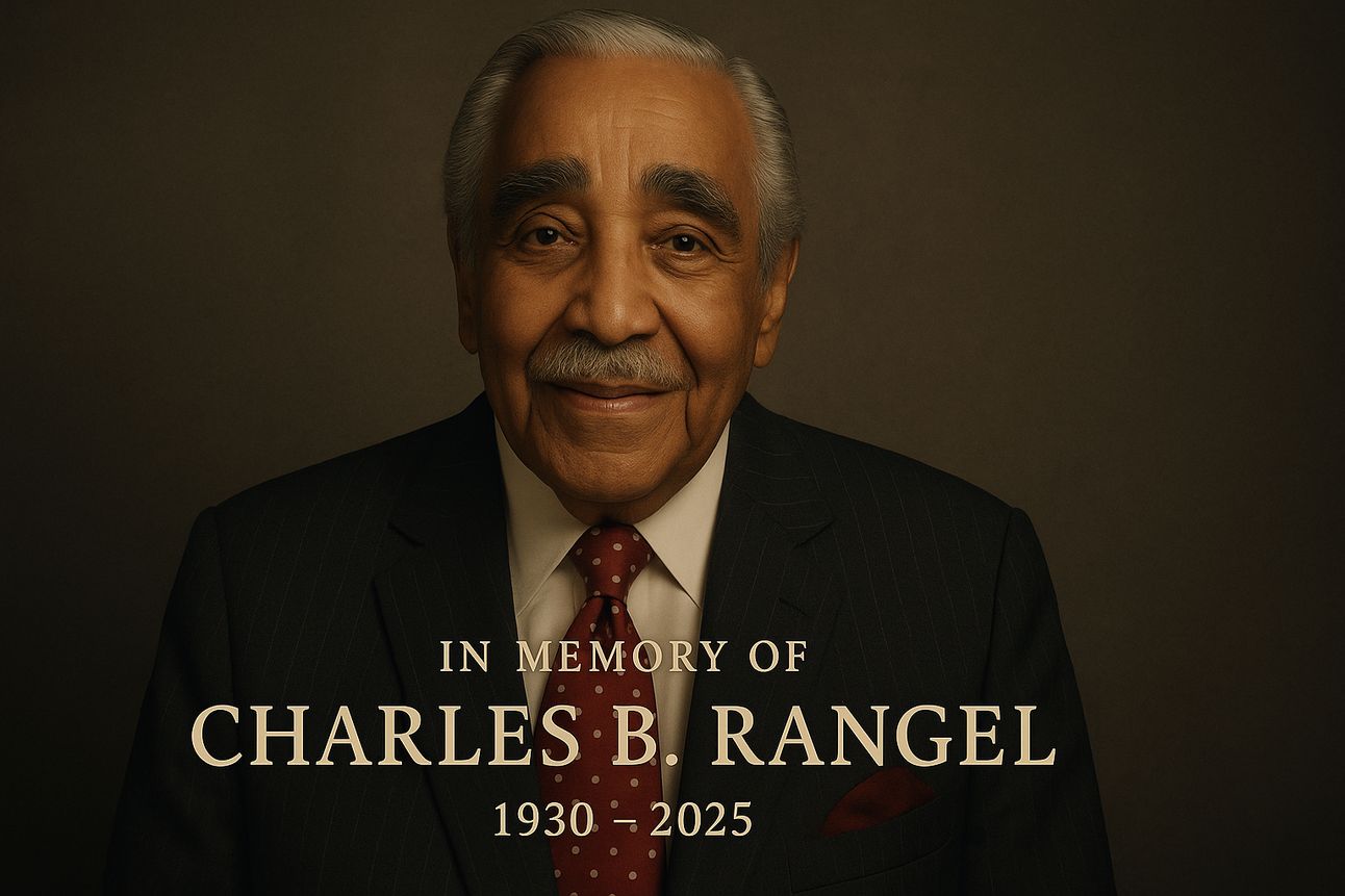 Alt text: A solemn commemorative portrait of Charles B. Rangel, dressed in a dark pinstripe suit and red polka-dot tie, with a gentle smile and dignified expression. The background is a muted brown, creating a respectful and timeless atmosphere. Text at the bottom reads, “In Memory of Charles B. Rangel, 1930–2025” in elegant serif font.
