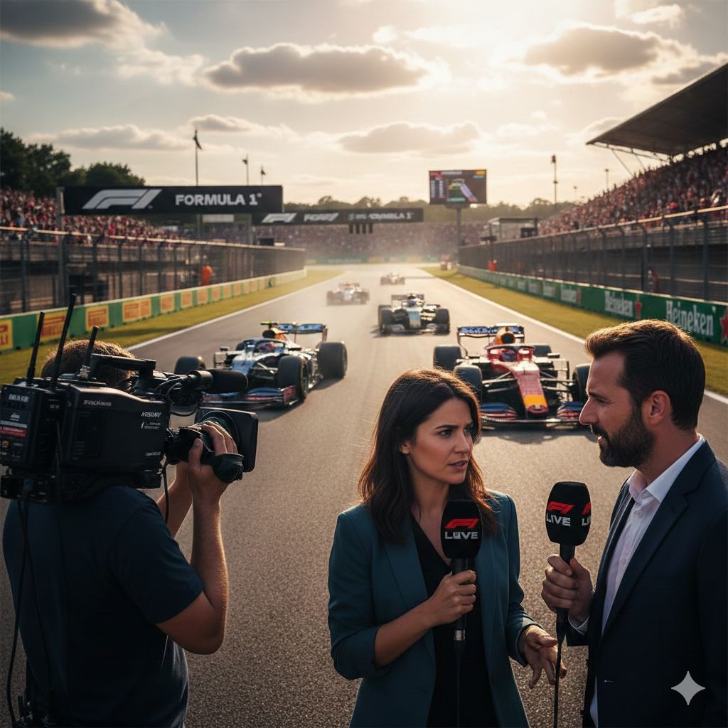 Verslaggevers langs de Formule 1-baan tijdens een Grand Prix, met camera-crew en F1-auto’s op de achtergrond. Gebruik in artikel over de beste en populairste F1-podcasts zoals De Boordradio en F1 Aan Tafel.