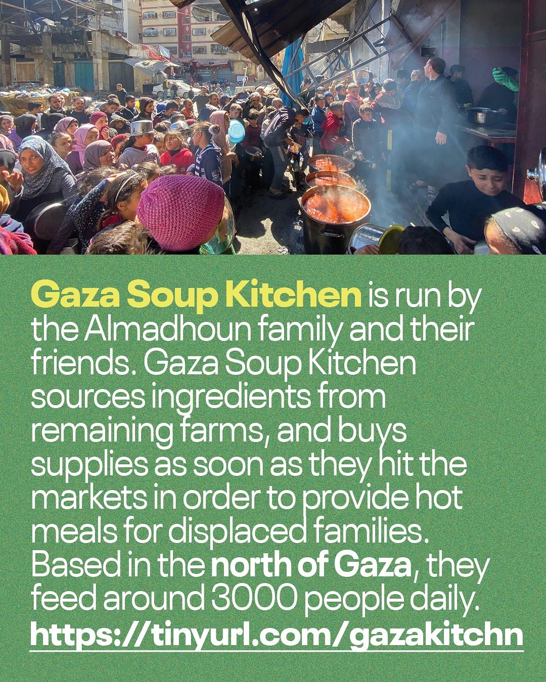 This informational Instagram post is divided into two main sections: an image at the top and text at the bottom, all set against a textured, dark green background. The top portion features a photograph of a bustling outdoor scene, likely a food distribution point. A large crowd of people, including many children, are gathered, looking towards the foreground. In the immediate foreground, two large pots with bubbling orange-red contents (likely soup or a stew) are visible on what appears to be an open fire or portable stove. Figures are also visible attending to the pots. The background shows what looks like a damaged or densely populated urban area, with some debris and makeshift structures. The bottom portion of the post contains white text. The first line, highlighted in a slightly brighter yellow-green, bold font, reads: "Gaza Soup Kitchen is run by the Almadhoun family and their friends." The rest of the text explains: "Gaza Soup Kitchen sources ingredients from remaining farms, and buys supplies as soon as they hit the markets in order to provide hot meals for displaced families. Based in the north of Gaza, they feed around 3000 people daily." Below this explanatory text, a white URL is provided: "https://tinyurl.com/gazakitchn". The post aims to inform viewers about the Gaza Soup Kitchen's operations and its critical role in providing hot meals to displaced families in North Gaza.