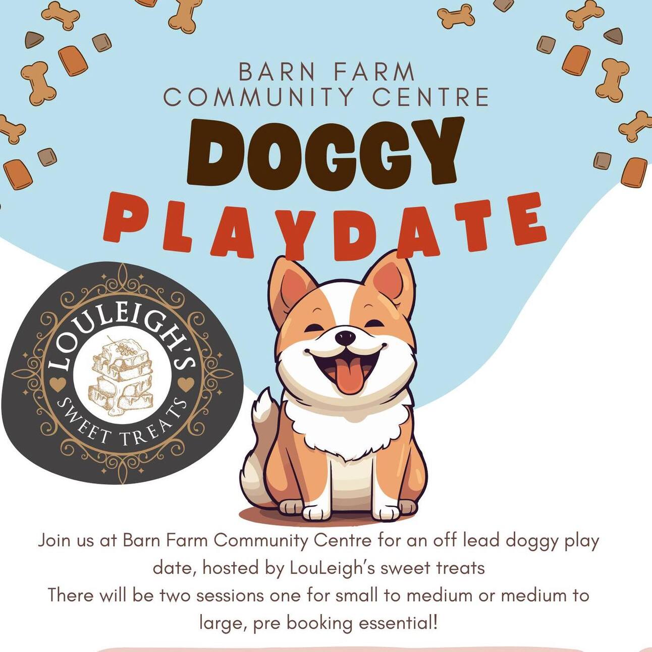 Doggy Playdate poster, with a cute shiba inu, I think