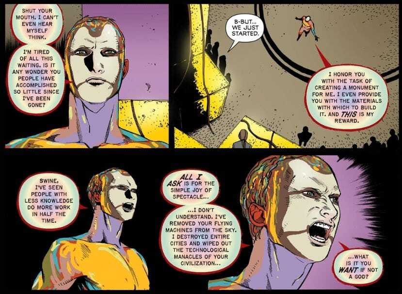 several frames from Next Testament in which Wick responds to the people's inability to build a pyramid