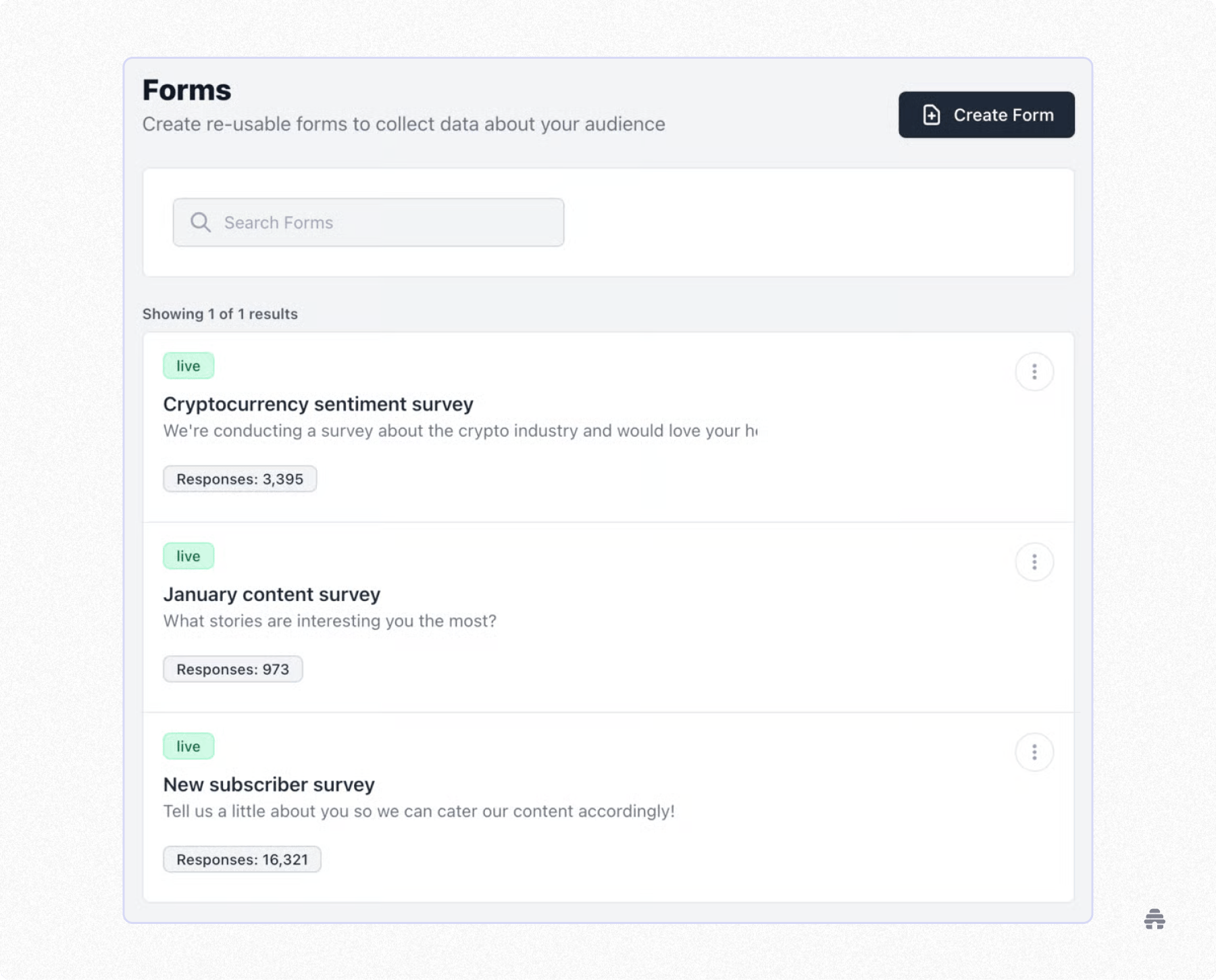 beehiiv dashboard showing reusable audience forms, including live surveys with response counts, used by creators to collect subscriber feedback and insights for newsletters.