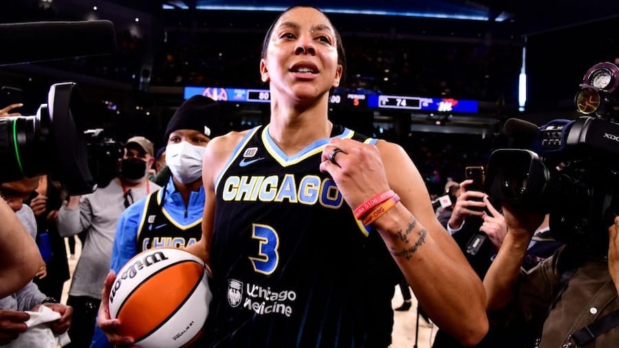 Candace Parker #3 of the Chicago Sky celebrates winning Game Four of the 2021 WNBA Finals on October 17, 2021 at the Wintrust Arena