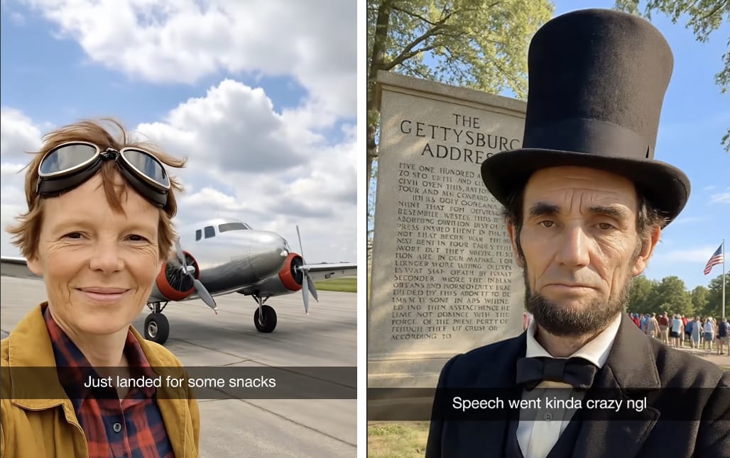 Side-by-side AI-generated images styled like casual selfies. Left: a woman resembling Amelia Earhart smiles in front of a silver vintage airplane, with text reading 'Just landed for some snacks.' Right: a man resembling Abraham Lincoln stands in front of the Gettysburg Address monument, with text reading 'Speech went kinda crazy ngl.'