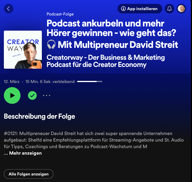 Ich höre David sehr gerne zu, weil er eine angenehme, beruhigende Stimme hat. Hier siehst du einen Spotify-Screenshot der Podcast-Episode – und wenn du klickst, kannst du David auch hören. 