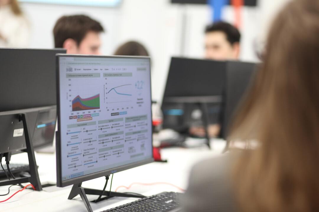 A side view of a screen in the classroom representing climate change statistics