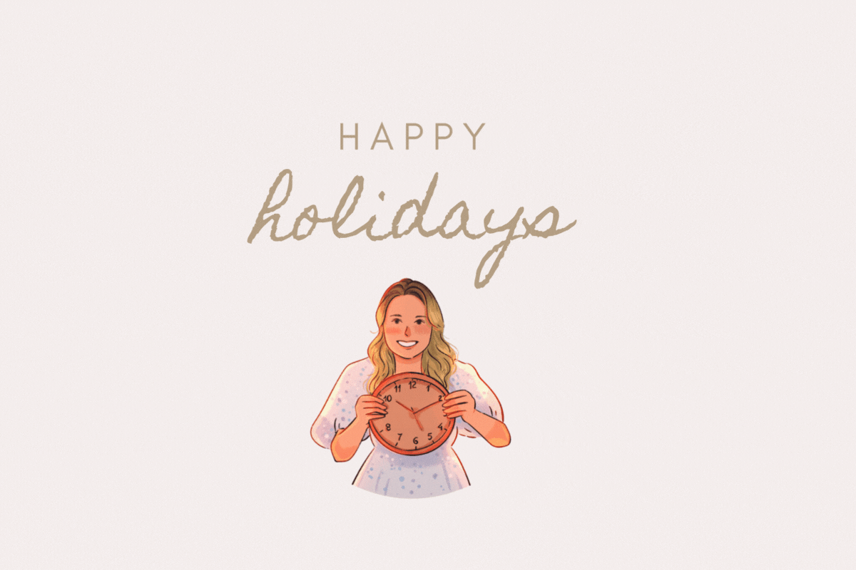 Drawing of a smiling girl holding clock with "happy holidays" above her and animated falling tan snowflakes 