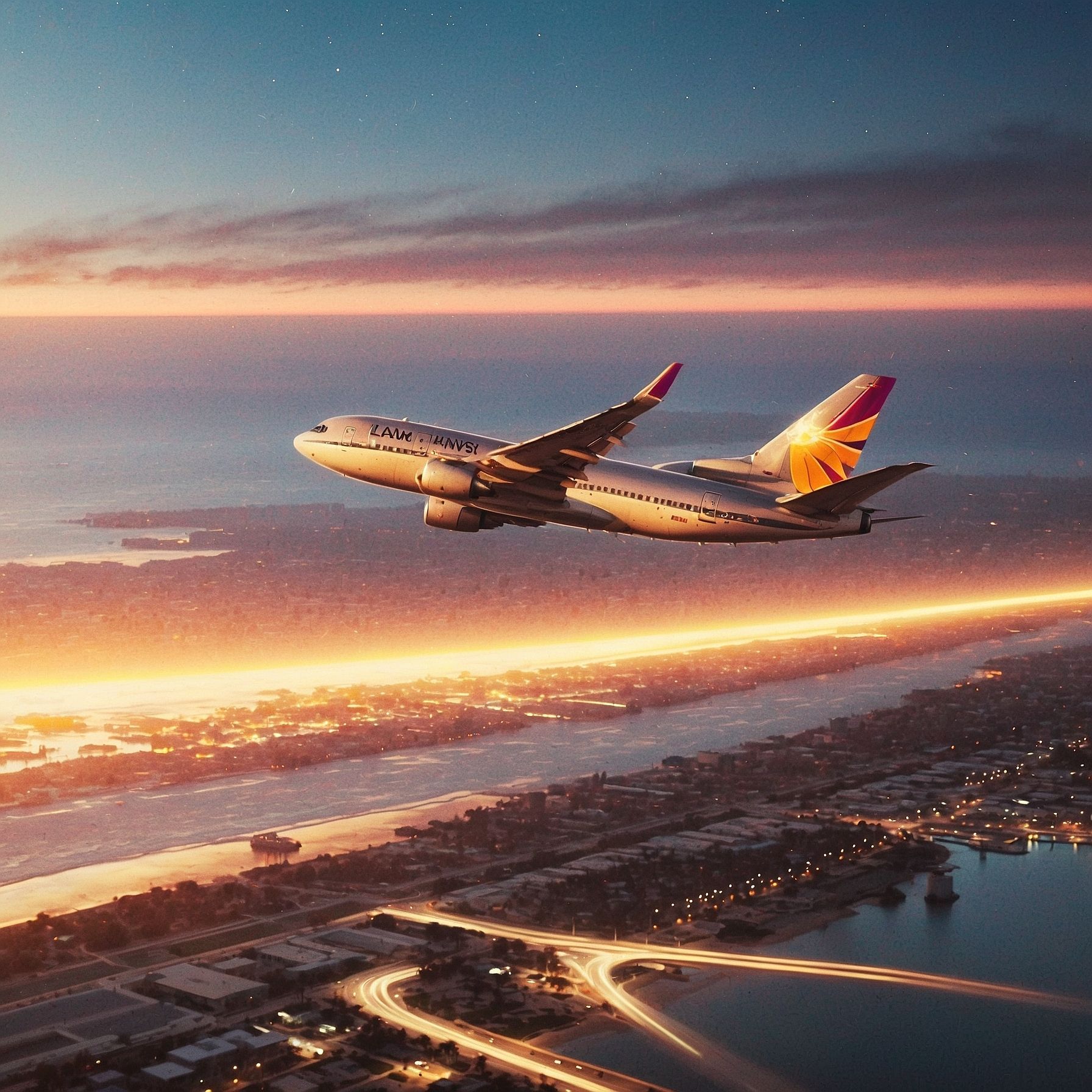 Ultra-realistic view from a commercial airplane taking off westward from LAX at dawn, as seen from the passenger window. The plane ascends gently over the Los Angeles coastline with the Pacific Ocean stretching out ahead. The sun rises behind the aircraft, casting golden-pink light over the landscape. In the far distance, another plane is visible — tiny, far below or far ahead — obeying safe altitude and airspace distance. No nearby planes, no head-on aircraft. Realistic aviation perspective with proper flight separation. The city skyline is hazy in the rear, and soft morning clouds drift above the horizon. Wingtip visible in the foreground with realistic lighting reflections. Gentle lens flare, slight window glare, high realism with cinematic atmosphere